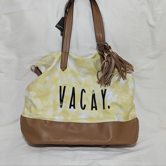 Gramercy and Grand Handbags - Gramercy and Grand Vegan Leather and Canvas Weekender Vacay Bag Brown and Yellow